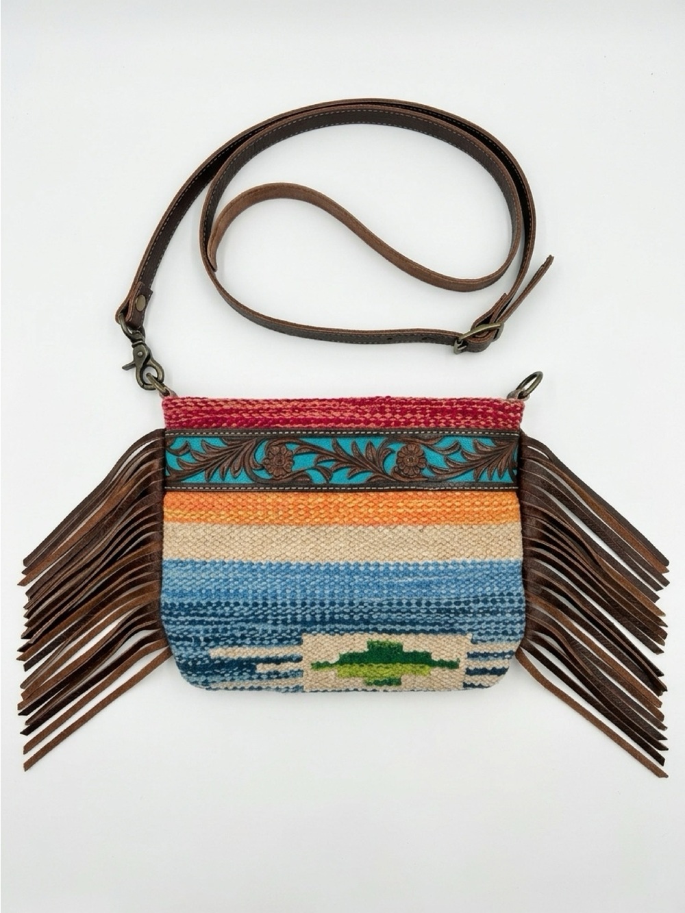 Myra Bag Multicolor Woven Fringe Crossbody with Leather Strap